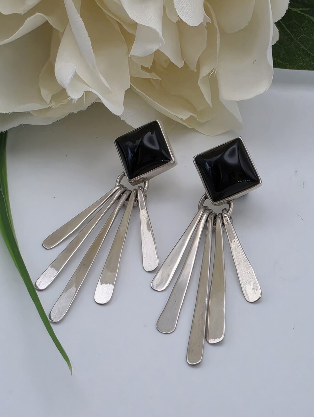 Black Stone & Sterling Silver Waterfall Silhouette Southwestern Style Earrings